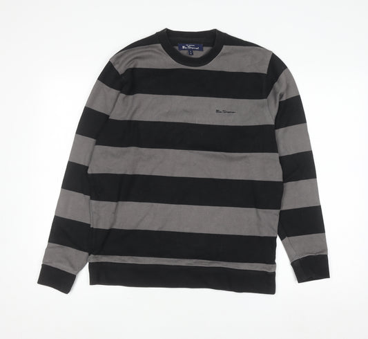 Ben Sherman Men Grey Black Striped Cotton Crew Neck Jumper M