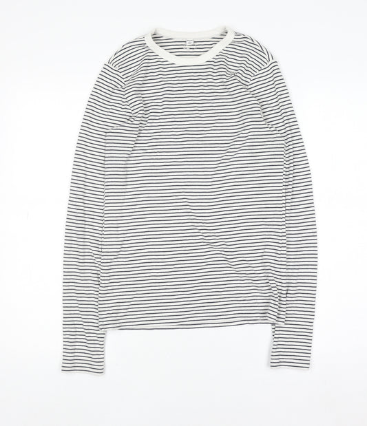Uniqlo Women’s White Striped Long Sleeve Jersey Crew Neck T-Shirt Size S