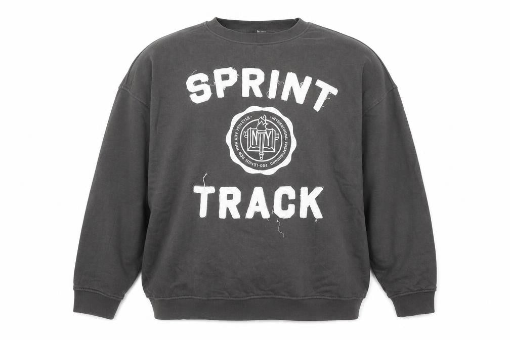 Front view of H&M Men’s Grey Track Print Pullover Sweatshirt, size L