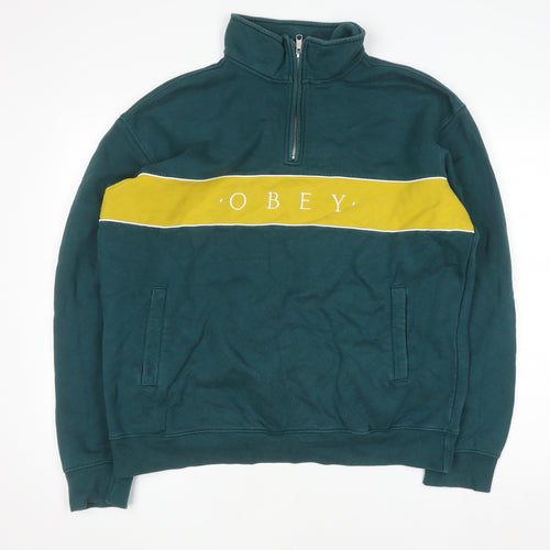 Obey Men's Green & Yellow 1/4 Zip Sweatshirt L Cotton Blend Pullover
