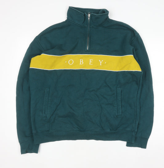 Obey Men's Green & Yellow 1/4 Zip Sweatshirt L Cotton Blend Pullover