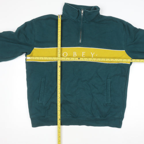 Obey Men's Green & Yellow 1/4 Zip Sweatshirt L Cotton Blend Pullover