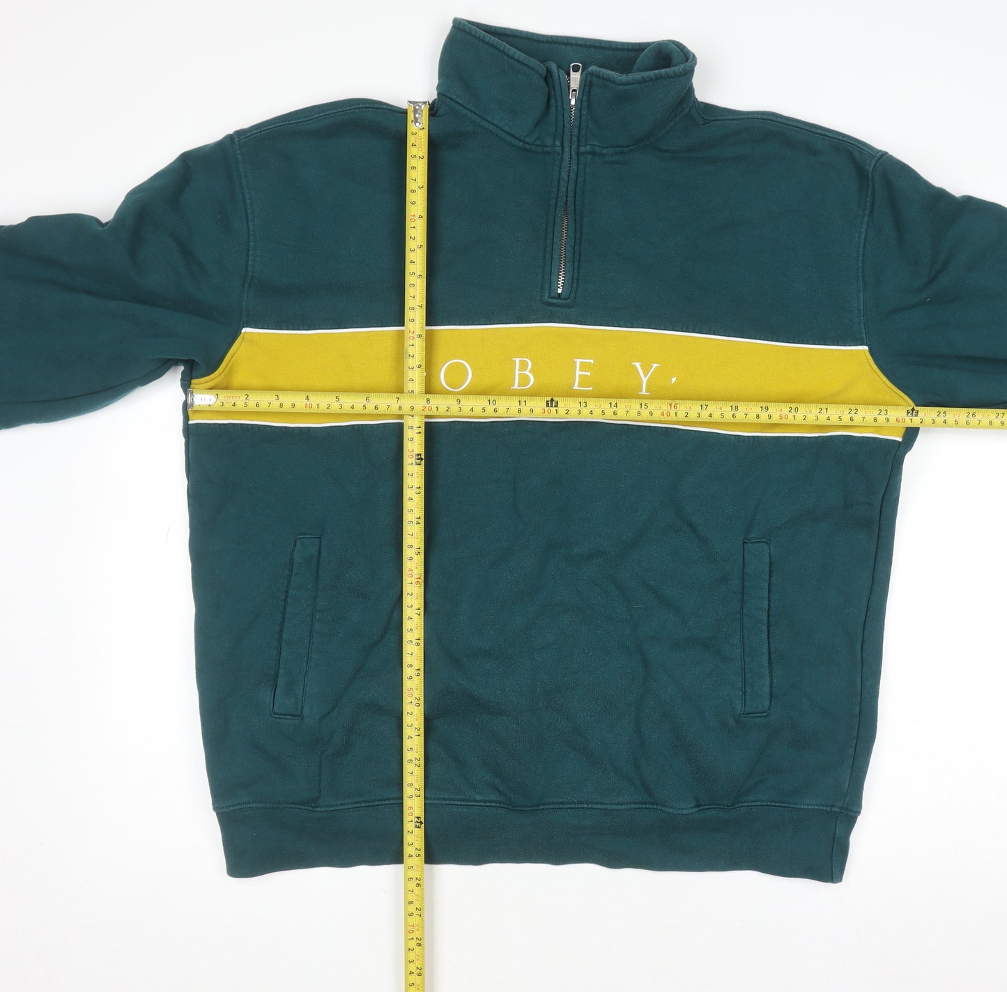 Obey Men's Green & Yellow 1/4 Zip Sweatshirt L Cotton Blend Pullover