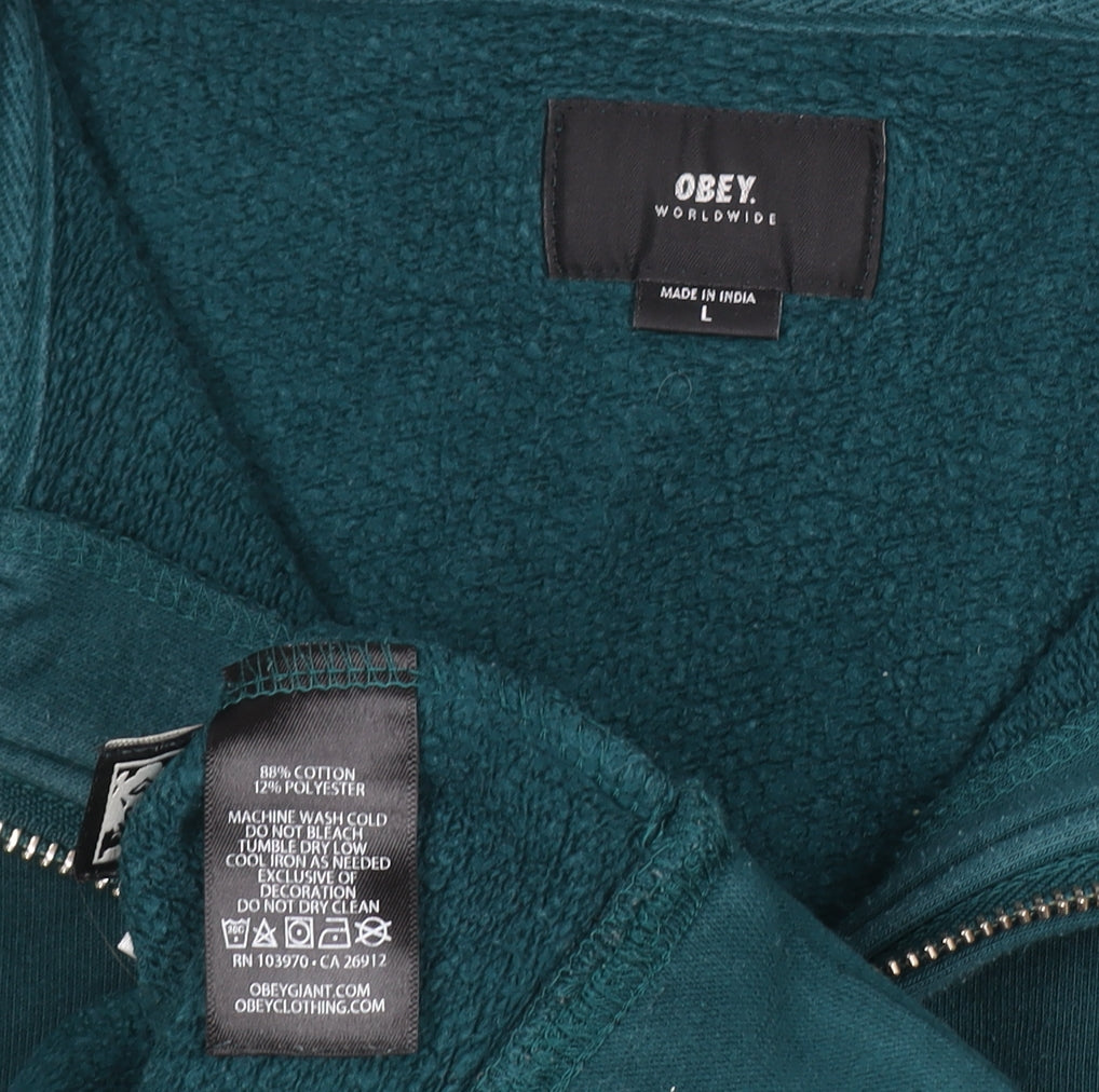 Obey Men's Green & Yellow 1/4 Zip Sweatshirt L Cotton Blend Pullover