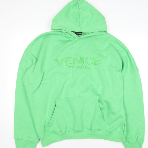PrettyLittleThing Unisex Green Pullover Hoodie L Relaxed Fit Embroidered