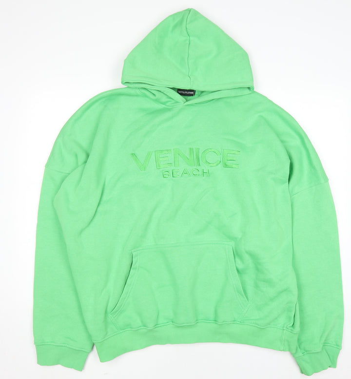 PrettyLittleThing Unisex Green Pullover Hoodie L Relaxed Fit Embroidered