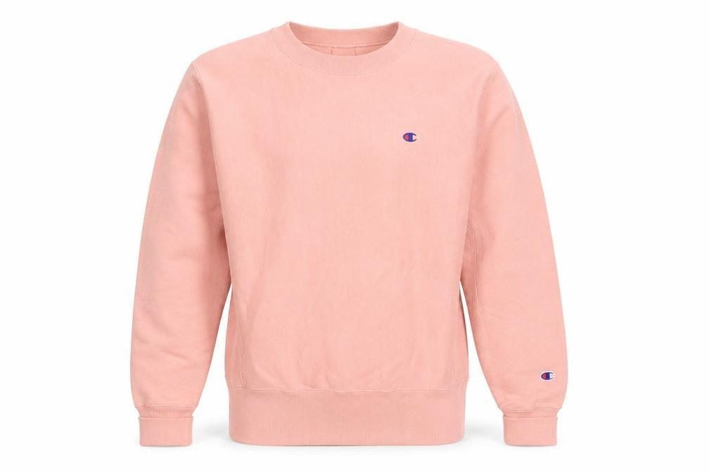 Front view of Champion women’s pink crew neck reverse weave sweatshirt medium