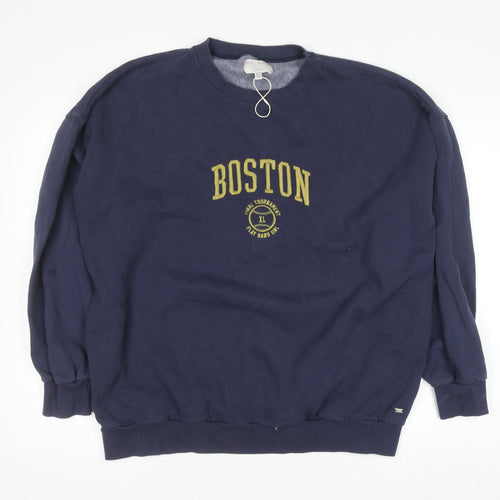 Pull&Bear Men's Blue Boston Graphic Pullover Sweatshirt XL