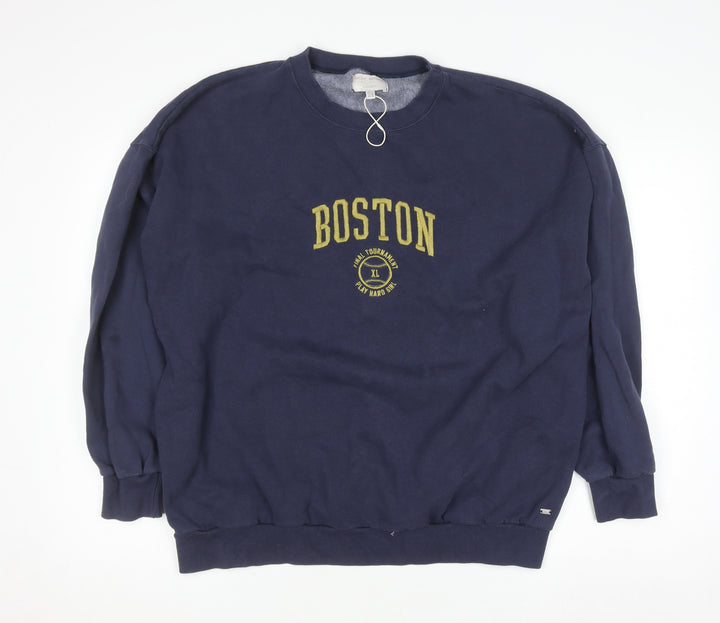 Pull&Bear Men's Blue Boston Graphic Pullover Sweatshirt XL