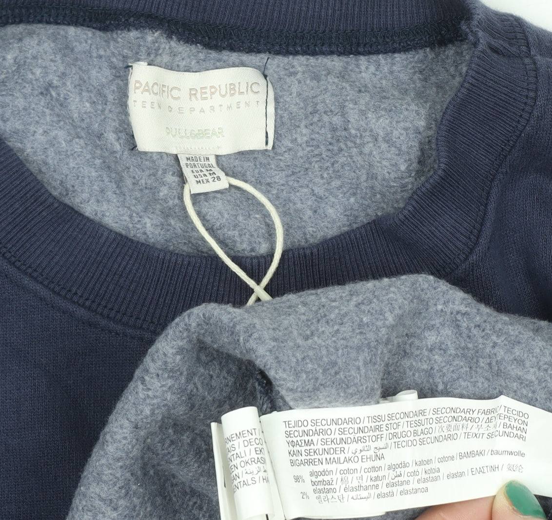 Pull&Bear Men's Blue Boston Graphic Pullover Sweatshirt XL