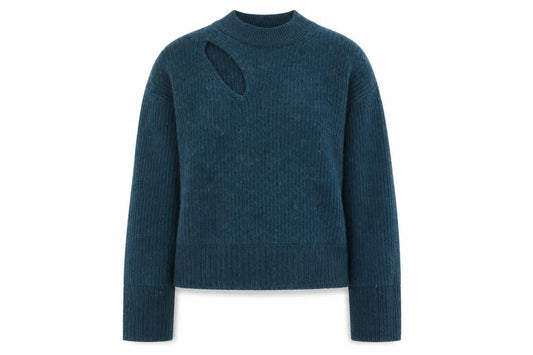 Front view of Hush women’s blue wool blend high neck ribbed jumper, size M