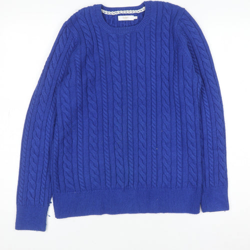 Cotton Traders Women's Blue Cable-Knit Crew Neck Jumper Size 12