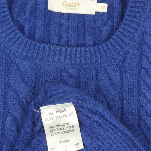 Cotton Traders Women's Blue Cable-Knit Crew Neck Jumper Size 12