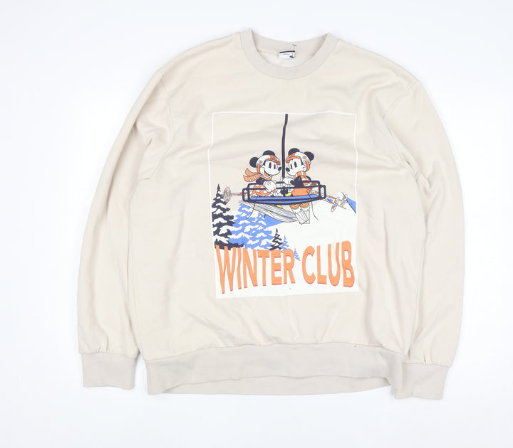 George Women Beige Mickey Mouse Winter Club Pullover Sweatshirt L