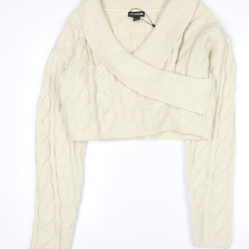 PrettyLittleThing Women's Ivory Cable-Knit V-Neck Pullover Jumper Size L