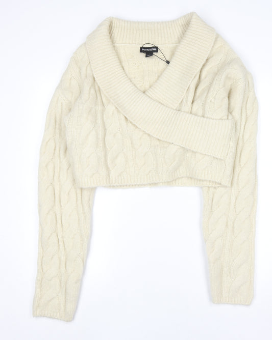 PrettyLittleThing Women's Ivory Cable-Knit V-Neck Pullover Jumper Size L