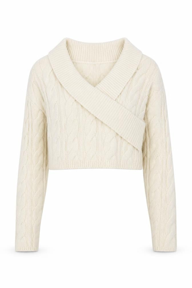 Front view of PRETTYLITTLETHING Women's Ivory Cable-Knit V-Neck jumper, size L