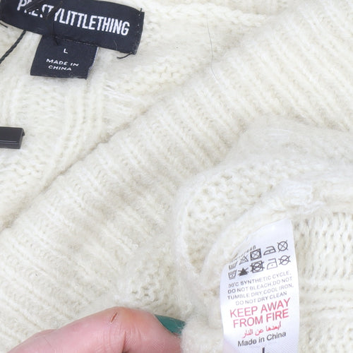 PrettyLittleThing Women's Ivory Cable-Knit V-Neck Pullover Jumper Size L