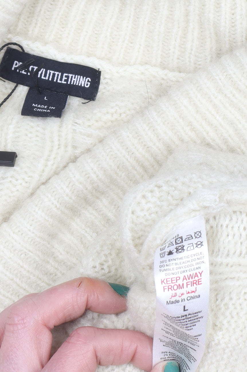 PrettyLittleThing Women's Ivory Cable-Knit V-Neck Pullover Jumper Size L