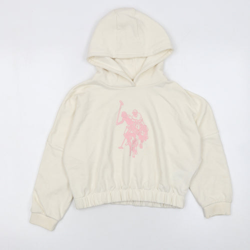 U.S. Polo Assn. Girls Ivory Hoodie 7-8 Years Pullover Cotton Blend Logo Sweatshirt