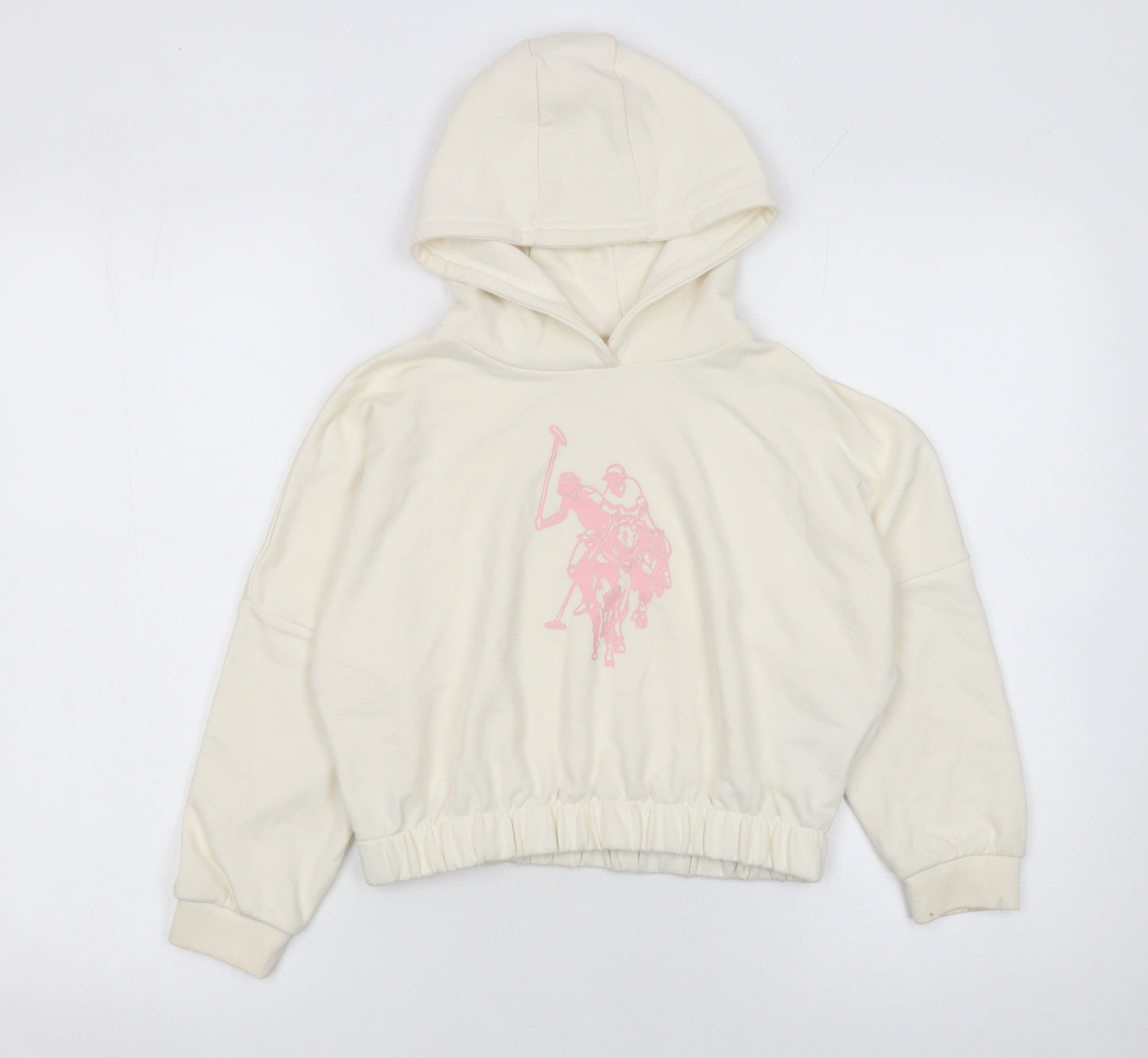 U.S. Polo Assn. Girls Ivory Hoodie 7-8 Years Pullover Cotton Blend Logo Sweatshirt