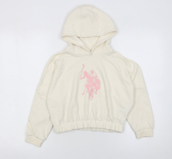 U.S. Polo Assn. Girls Ivory Hoodie 7-8 Years Pullover Cotton Blend Logo Sweatshirt