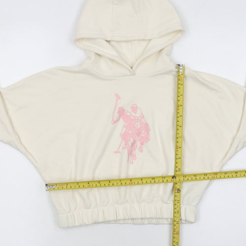 U.S. Polo Assn. Girls Ivory Hoodie 7-8 Years Pullover Cotton Blend Logo Sweatshirt