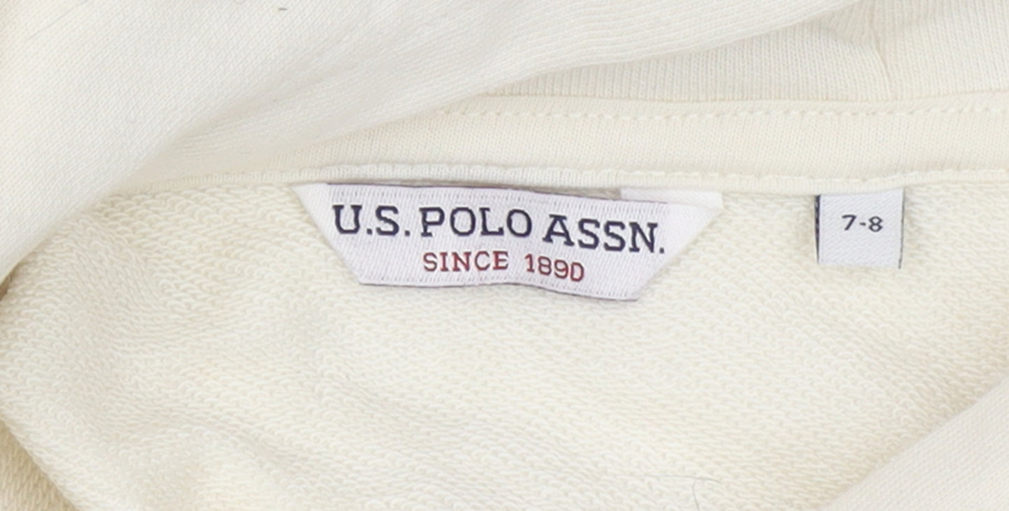 U.S. Polo Assn. Girls Ivory Hoodie 7-8 Years Pullover Cotton Blend Logo Sweatshirt