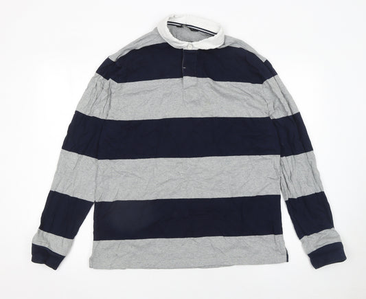F&F Men’s Grey & Navy Striped Long Sleeve Rugby Polo Shirt Size L