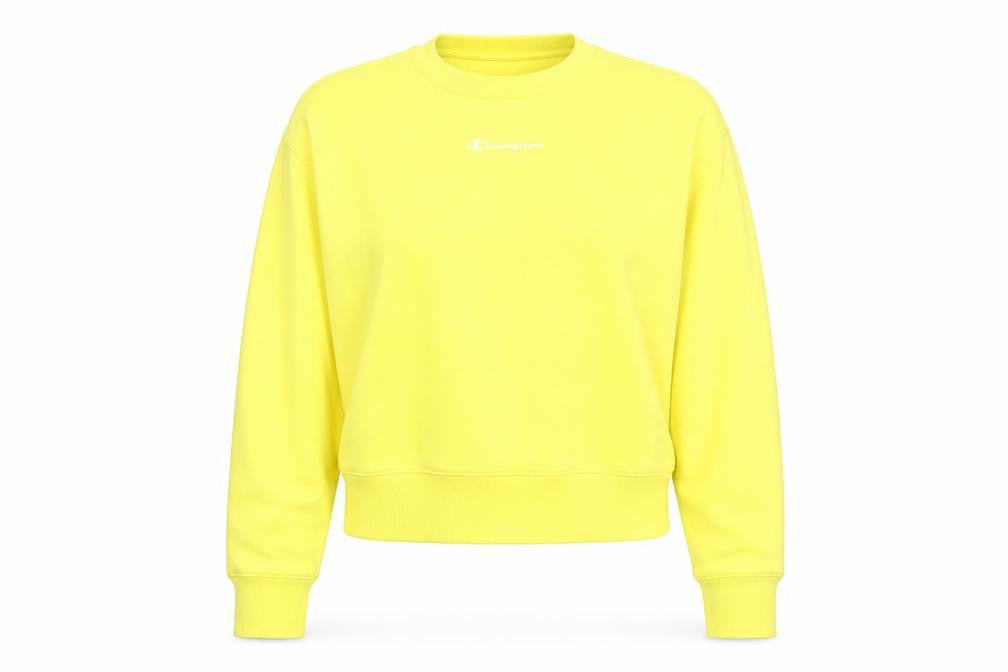 Front view of Champion Women Yellow Crew Neck Pullover Sweatshirt, size L, Cotton Blend