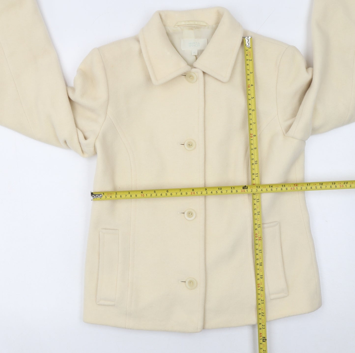 Marks and Spencer Women Ivory Wool Coat UK 12 Classic Short Overcoat