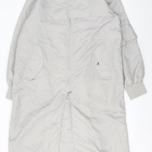 French Connection Women Grey Long Bomber Coat XS Full Zip Lined