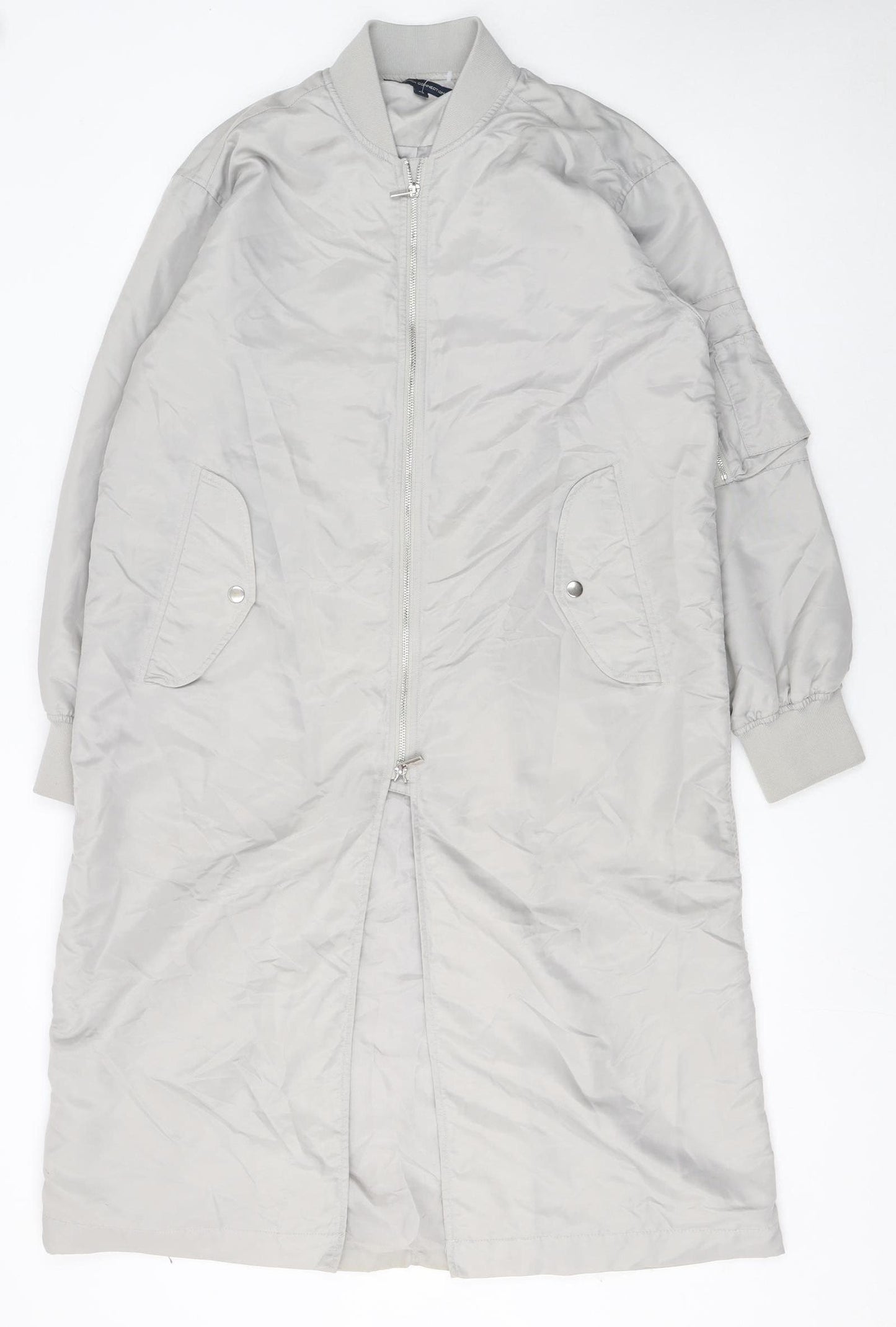 French Connection Women Grey Long Bomber Coat XS Full Zip Lined