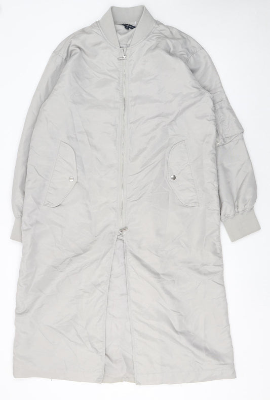 French Connection Women Grey Long Bomber Coat XS Full Zip Lined
