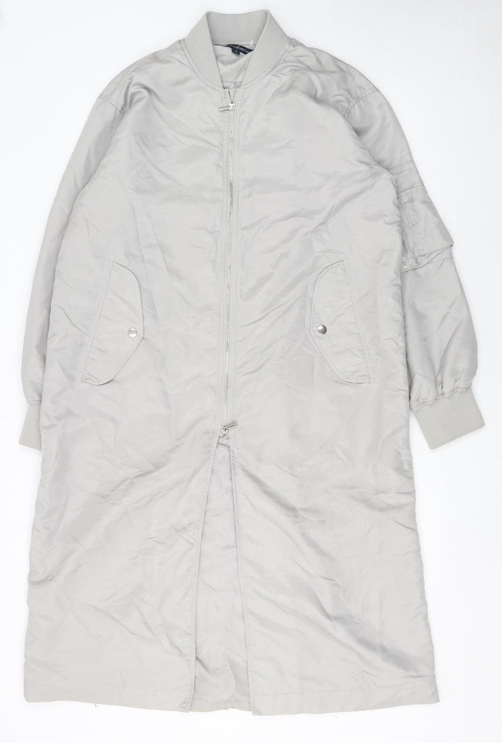 French Connection Women Grey Long Bomber Coat XS Full Zip Lined