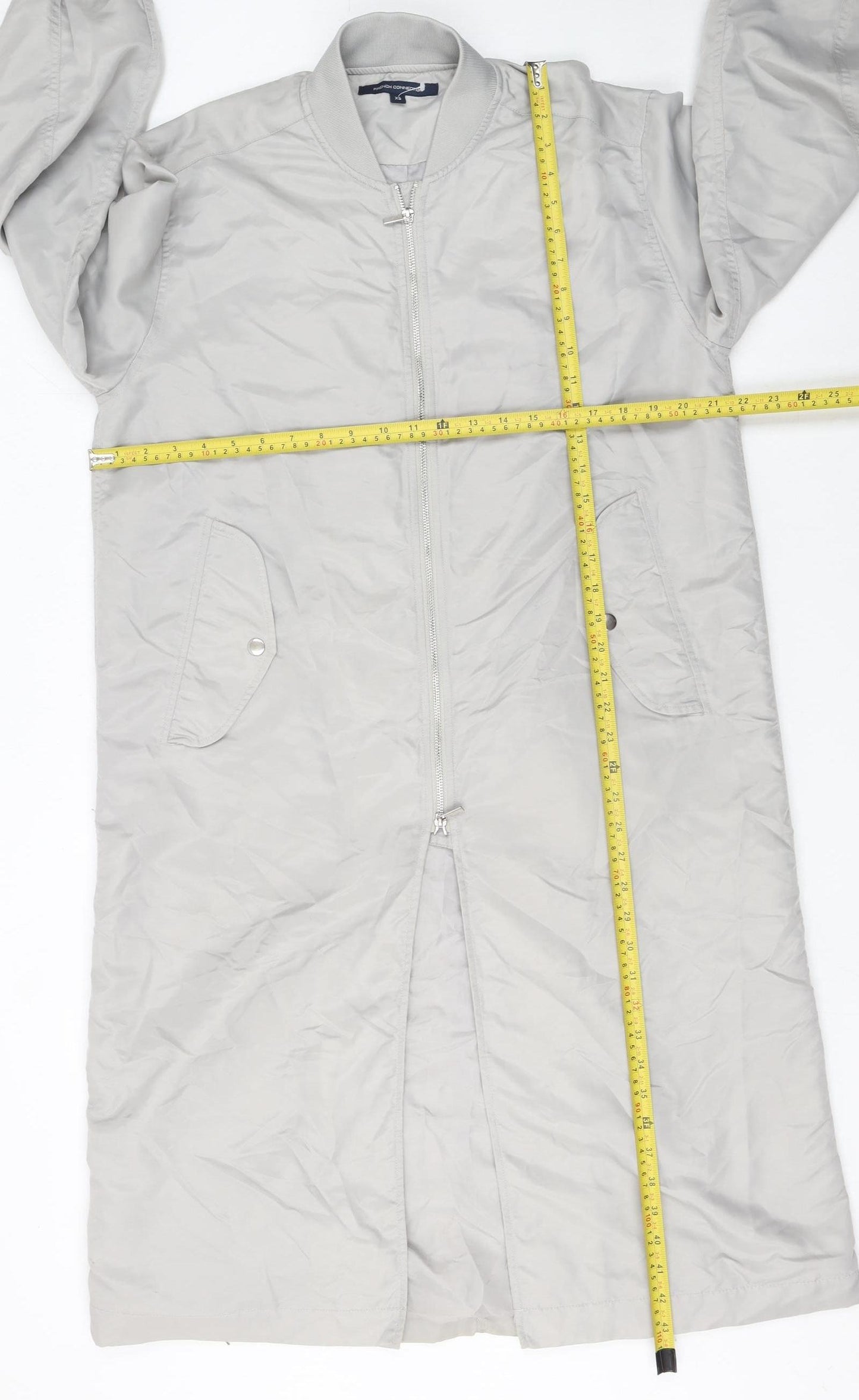 French Connection Women Grey Long Bomber Coat XS Full Zip Lined