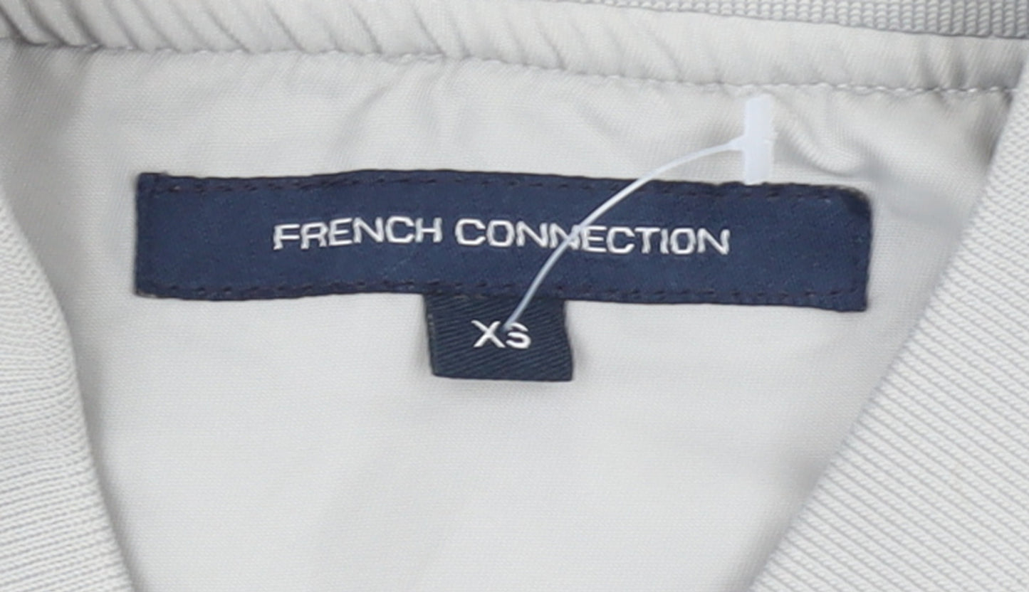 French Connection Women Grey Long Bomber Coat XS Full Zip Lined