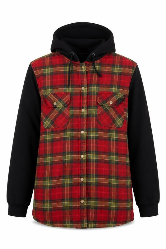 Front view of Topshop Women's Red Check Hooded Flannel Jacket, size 8