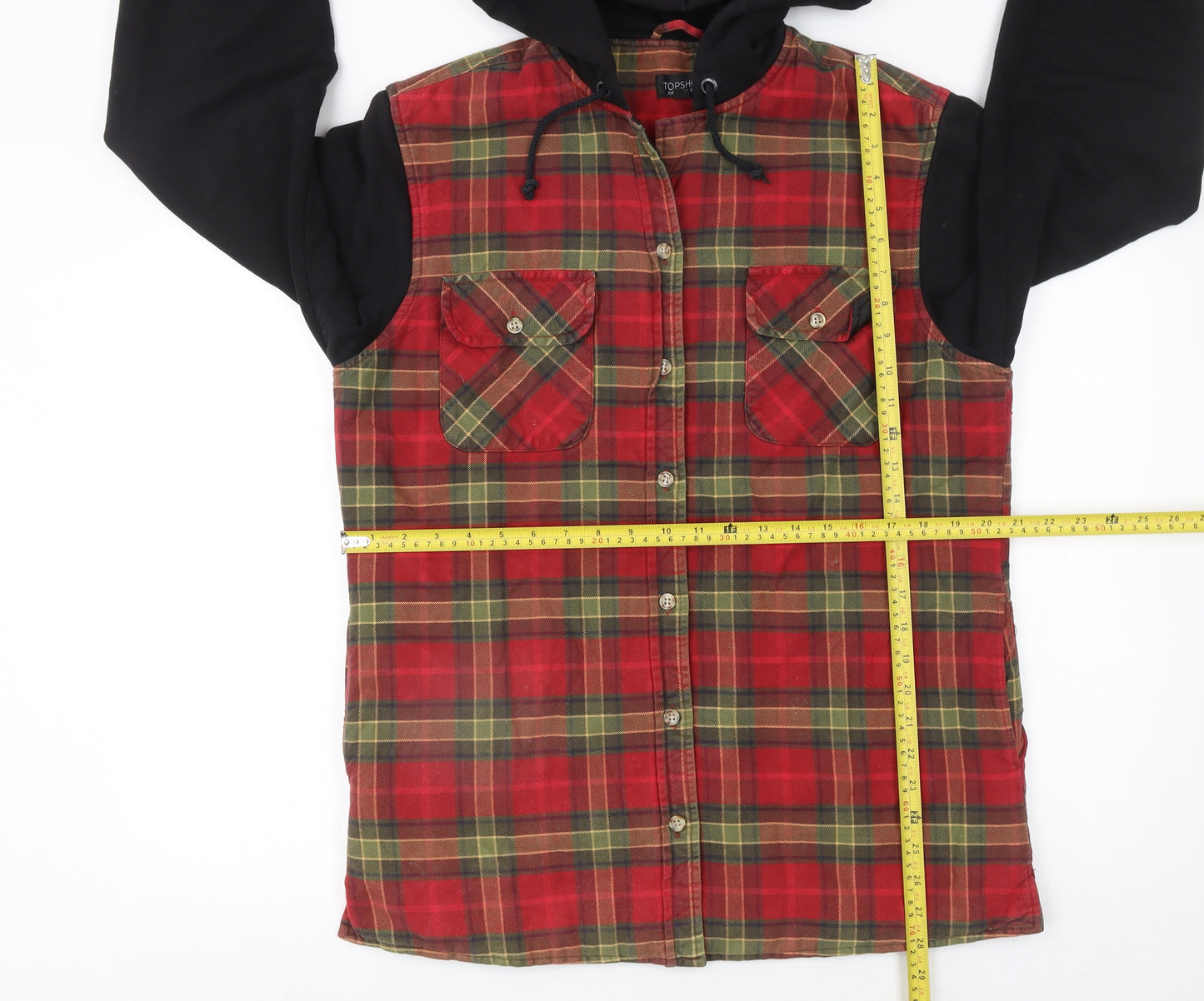 Topshop Women's Red Check Hooded Flannel Jacket Size 8