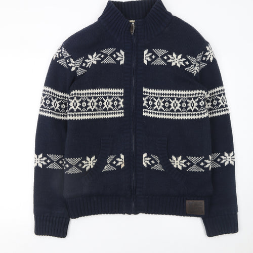 Brave Soul Men's Blue Fair Isle Full Zip Knit Jumper L