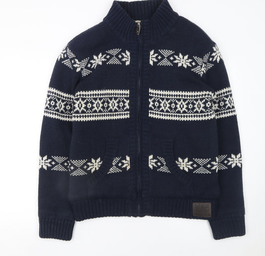 Brave Soul Men's Blue Fair Isle Full Zip Knit Jumper L