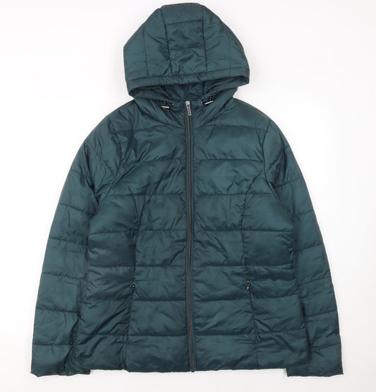 F&F Women's Green Hooded Puffer Jacket Size M Lightweight Zip Coat