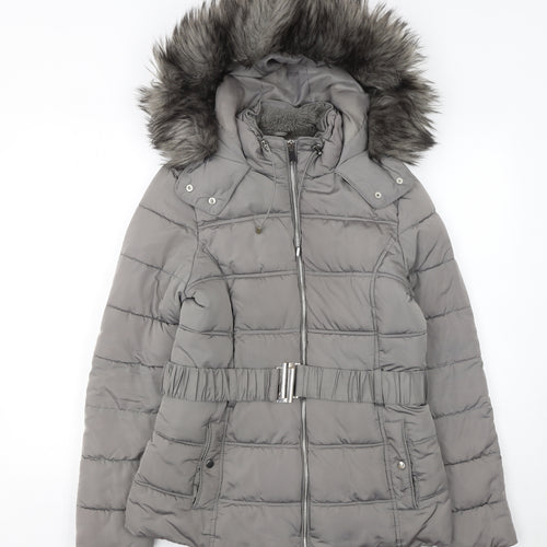 New Look Women's Grey Faux Fur Hooded Belted Puffer Jacket Size 10