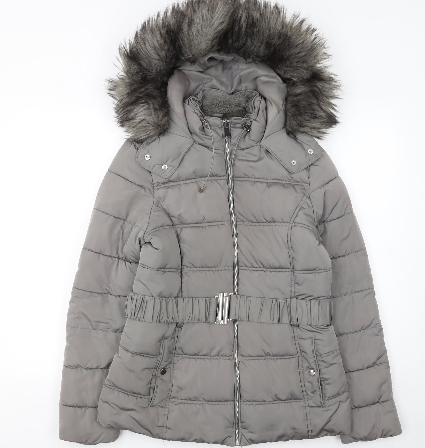 New Look Women's Grey Faux Fur Hooded Belted Puffer Jacket Size 10