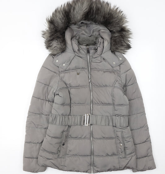 New Look Women's Grey Faux Fur Hooded Belted Puffer Jacket Size 10