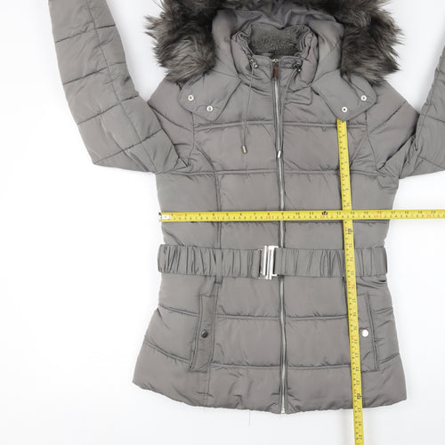 New Look Women's Grey Faux Fur Hooded Belted Puffer Jacket Size 10