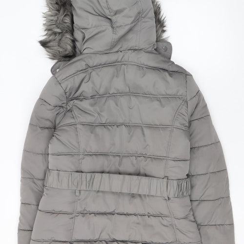 New Look Women's Grey Faux Fur Hooded Belted Puffer Jacket Size 10