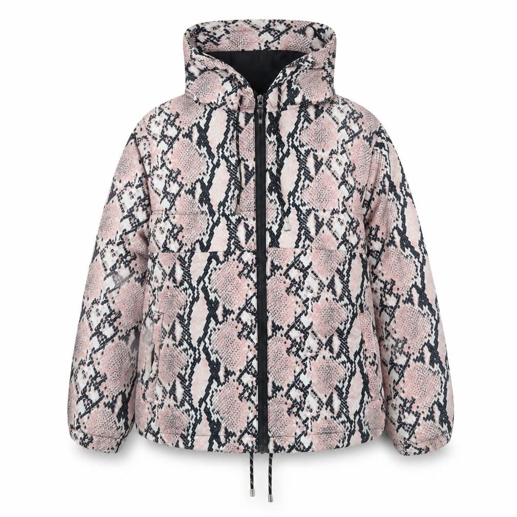 Front view of New Look Women's Multicoloured Snake Print Hooded Puffer Jacket S