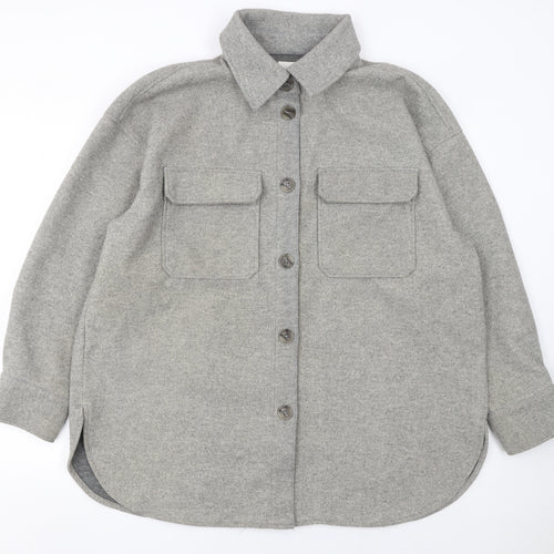 H&M Women Grey L Relaxed Shacket Jacket Button Down Fleece Mid Length