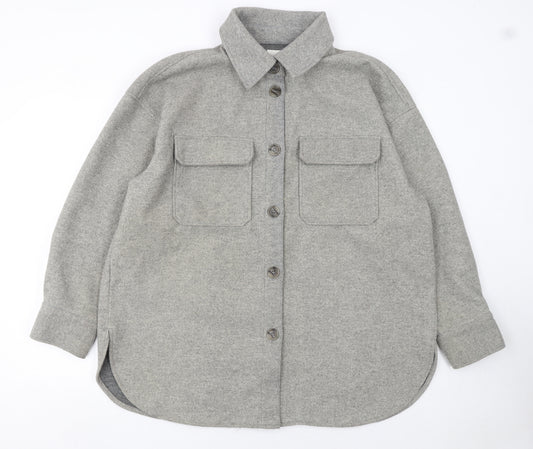 H&M Women Grey L Relaxed Shacket Jacket Button Down Fleece Mid Length
